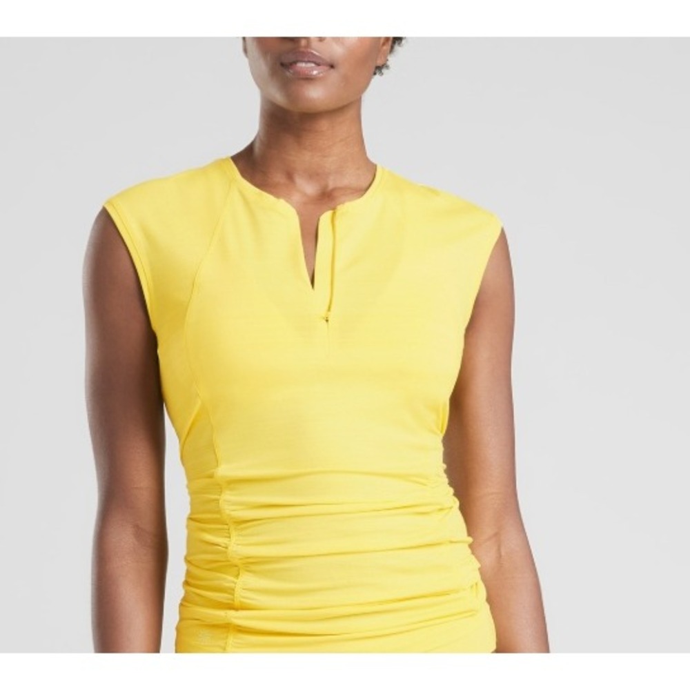 Athleta Pacifica Contoured Tank Yellow Ruched Zip Back Pocket Small NWT